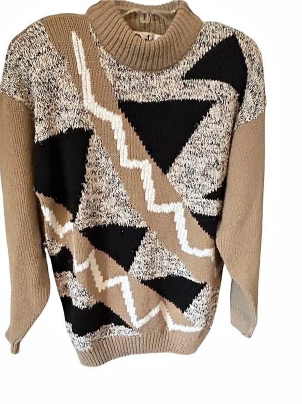 VTG Duet Geometric Turtleneck Sweater Brown & Black Sz LG Padded Shoulders